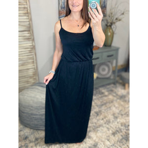 “A Girl’s Summer” Scoop Neck Drape Elastic Waist Spaghetti Strap Cami Tank Maxi Long Dress Black