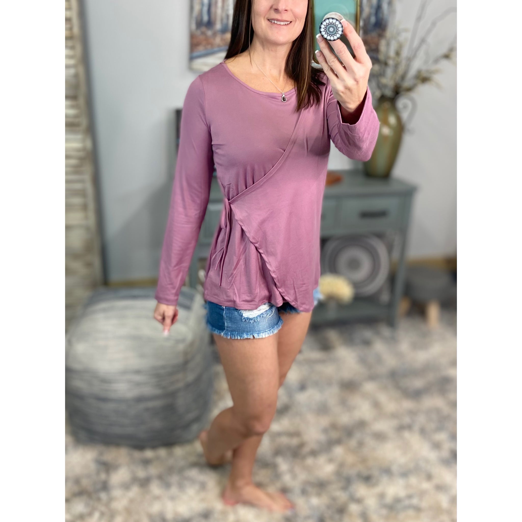 "Wrap Me In Love" One Side Faux Wrap Tie Long Sleeve Top Pink S/M/L/XL