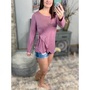 "Wrap Me In Love" One Side Faux Wrap Tie Long Sleeve Top Pink S/M/L/XL