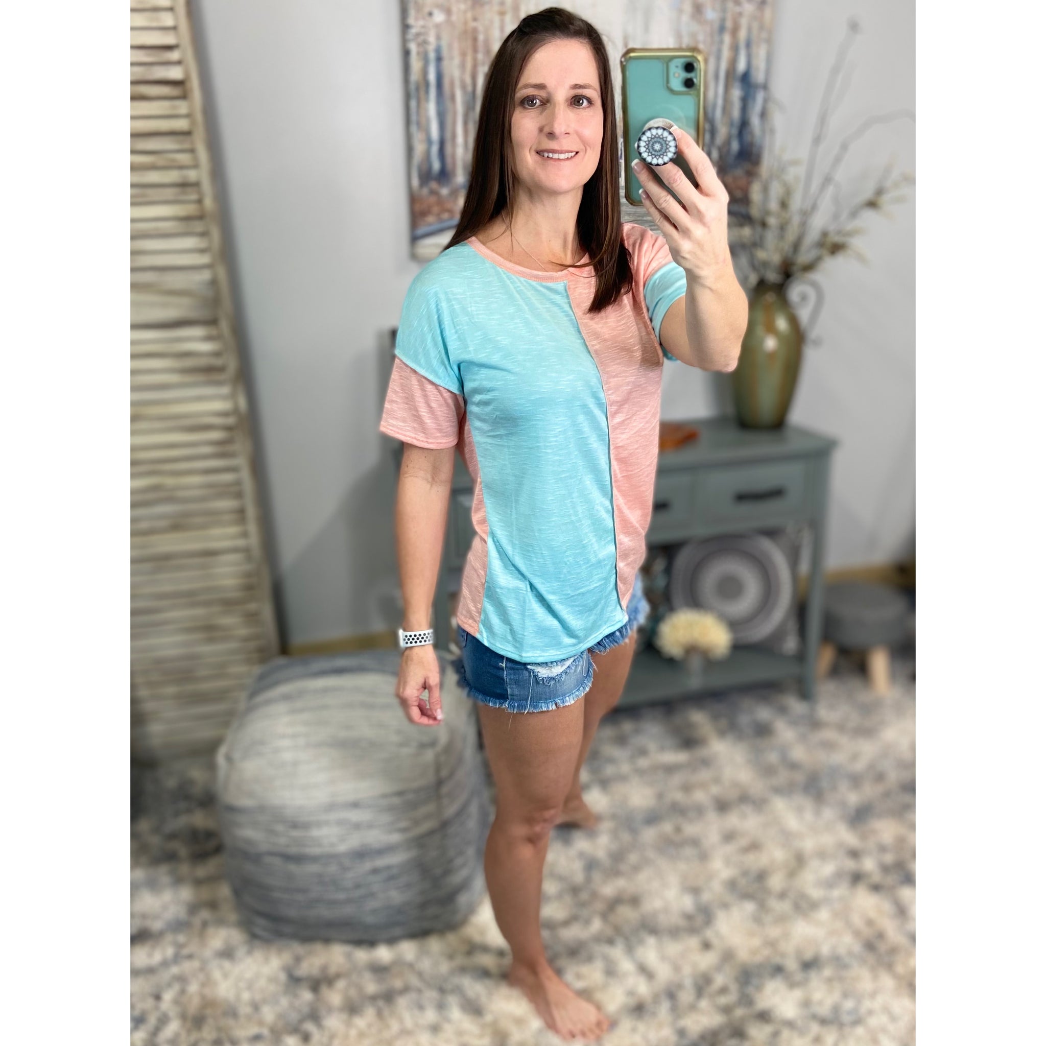“Give It Up” Color Block Contrast Melange Round Neck Shirt Pink Mint S/M/L/XL