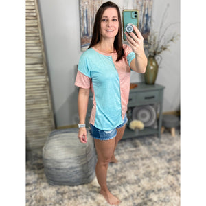 “Give It Up” Color Block Contrast Melange Round Neck Shirt Pink Mint S/M/L/XL