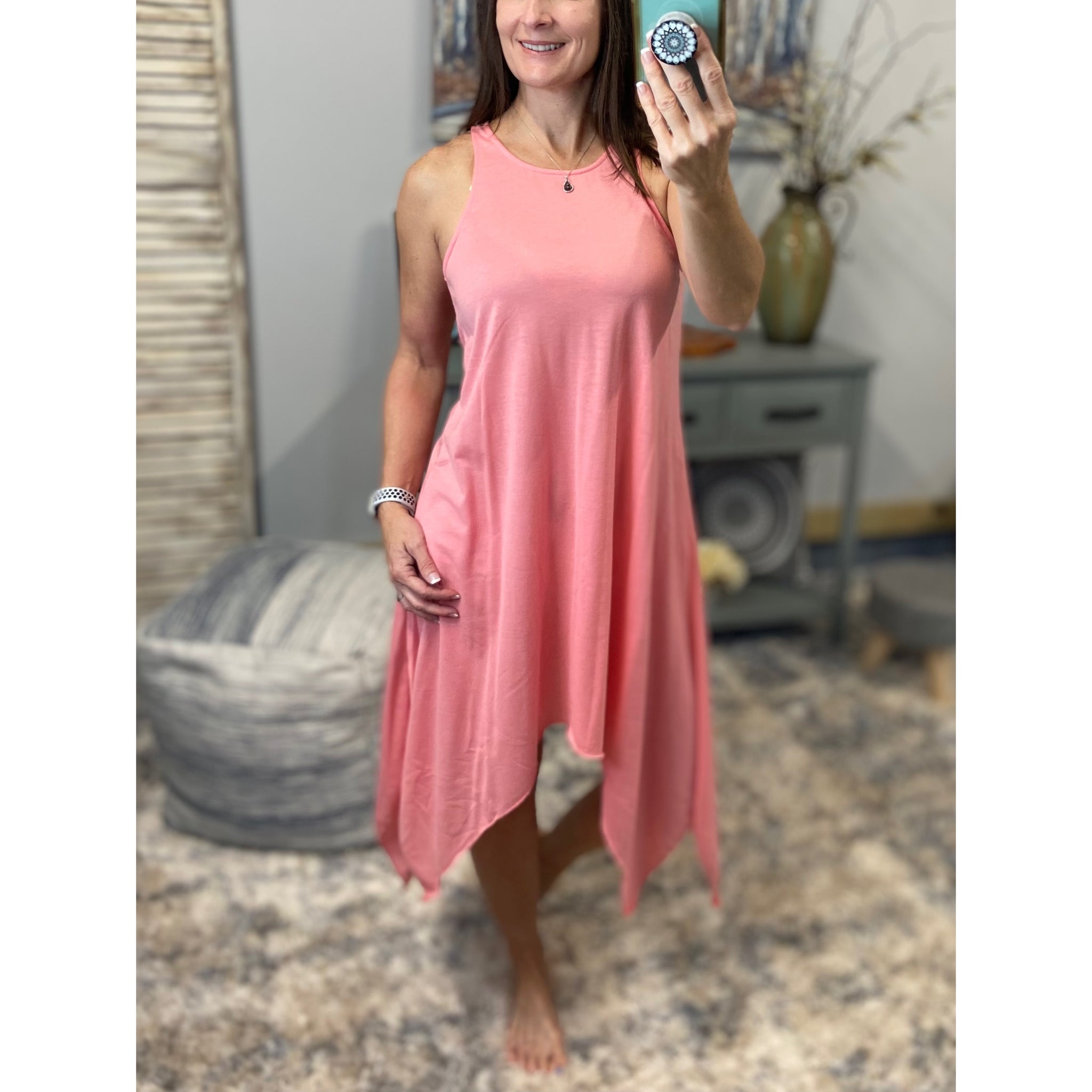 Handkerchief Hem Floaty Terry Summer Tank Sundress Pink S/M/L
