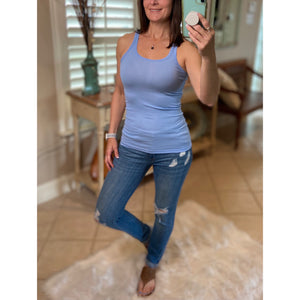 "Can't Touch This" Ribbed Low Scoop Boy Beater Cleavage Fitted Tank Top Spring Blue
