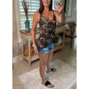 “Heat Wave” Reversible Camouflage Low Scoop Or V Neck Spaghetti Strap Tank Top Green