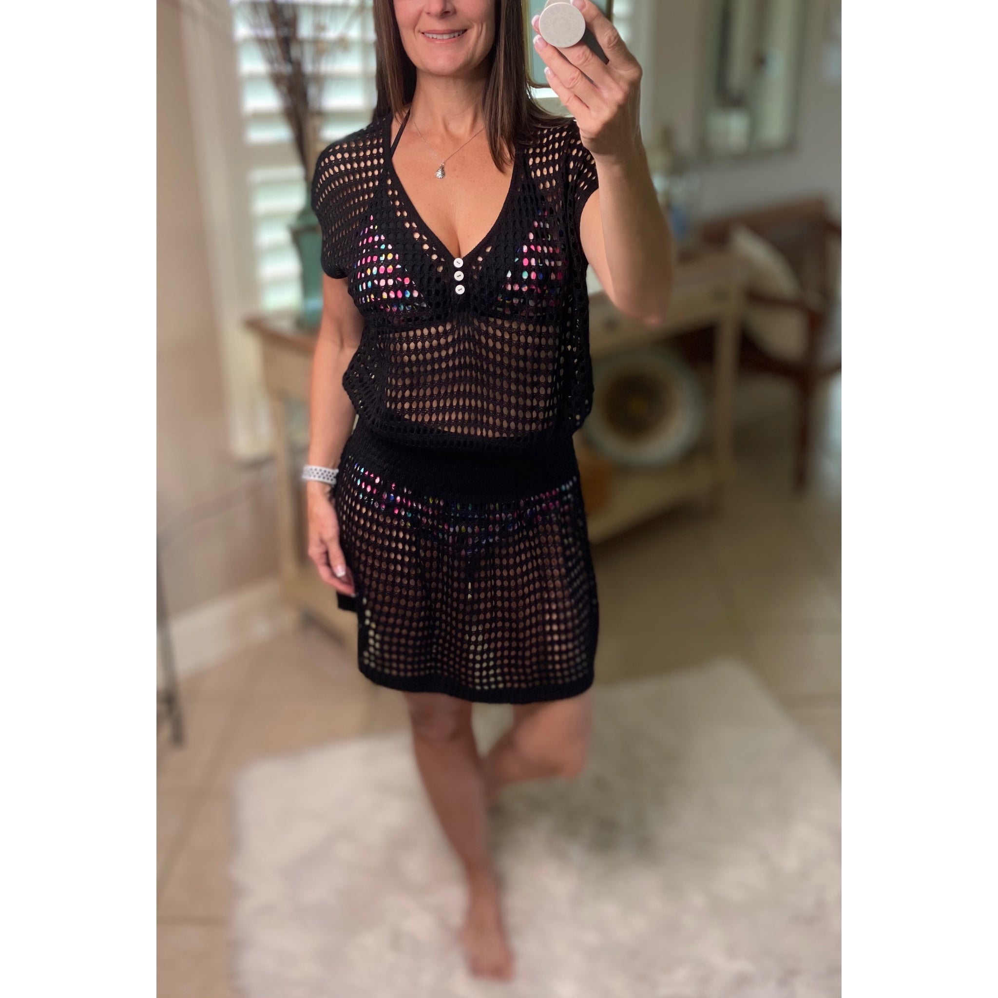 “Ocean Eyes” Crochet Mesh V Neck Mini Beach Swimsuit Cover Up Beach Pool Black OS
