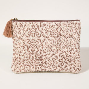 Weave Block Bohemian Print Clutch With Tassel Zipper Tan Ivory