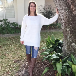 Oversized Chunky Waffle Round Neck Tunic Heavy Sweater Long Sleeve Top Ivory