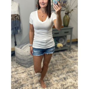 “Basic Babe” Low Cut V-Neck Cleavage Baby Slimming Basic Tee Shirt White 1X/2X/3X