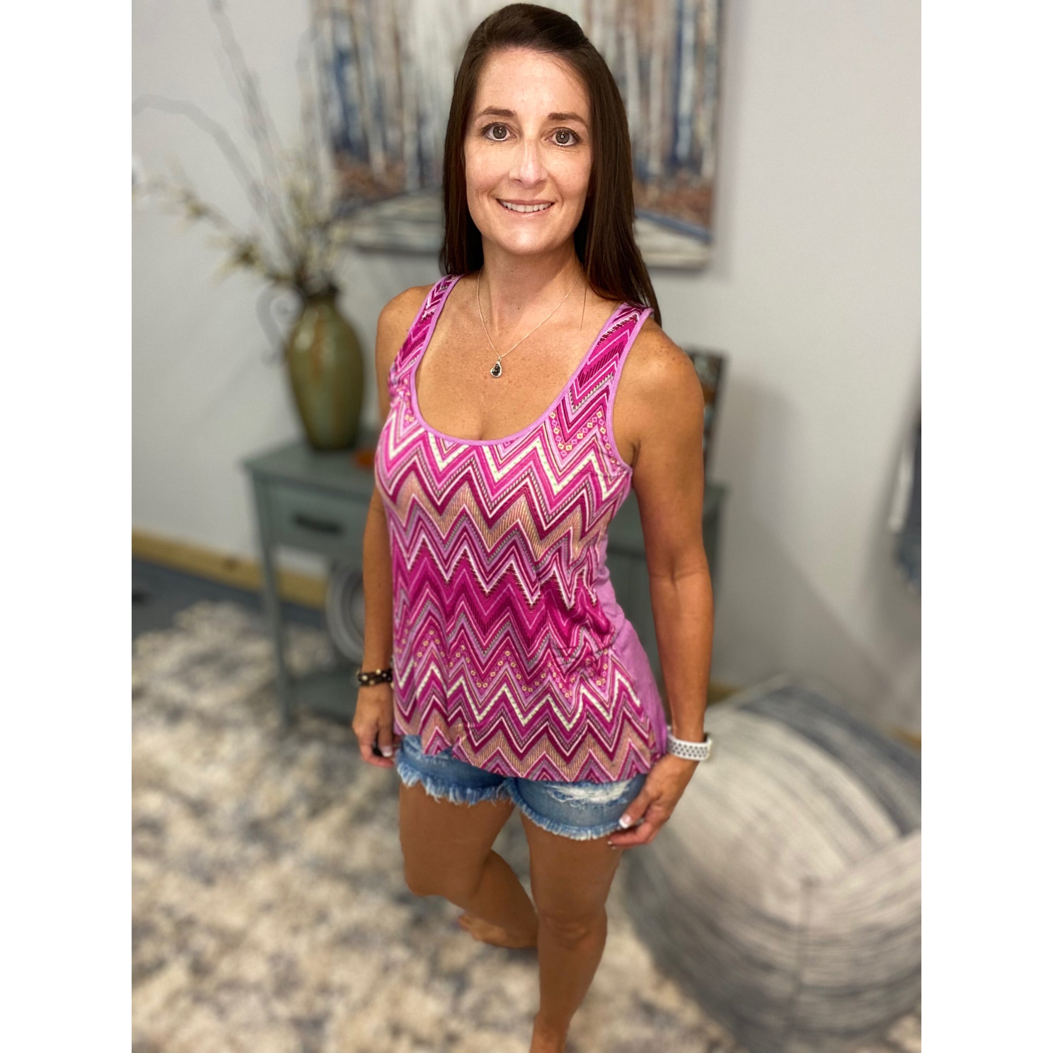 "Crushing It" Chevron Striped Low Cut Summer Racerback Floaty Tank Top Tunic Purple S/M/L