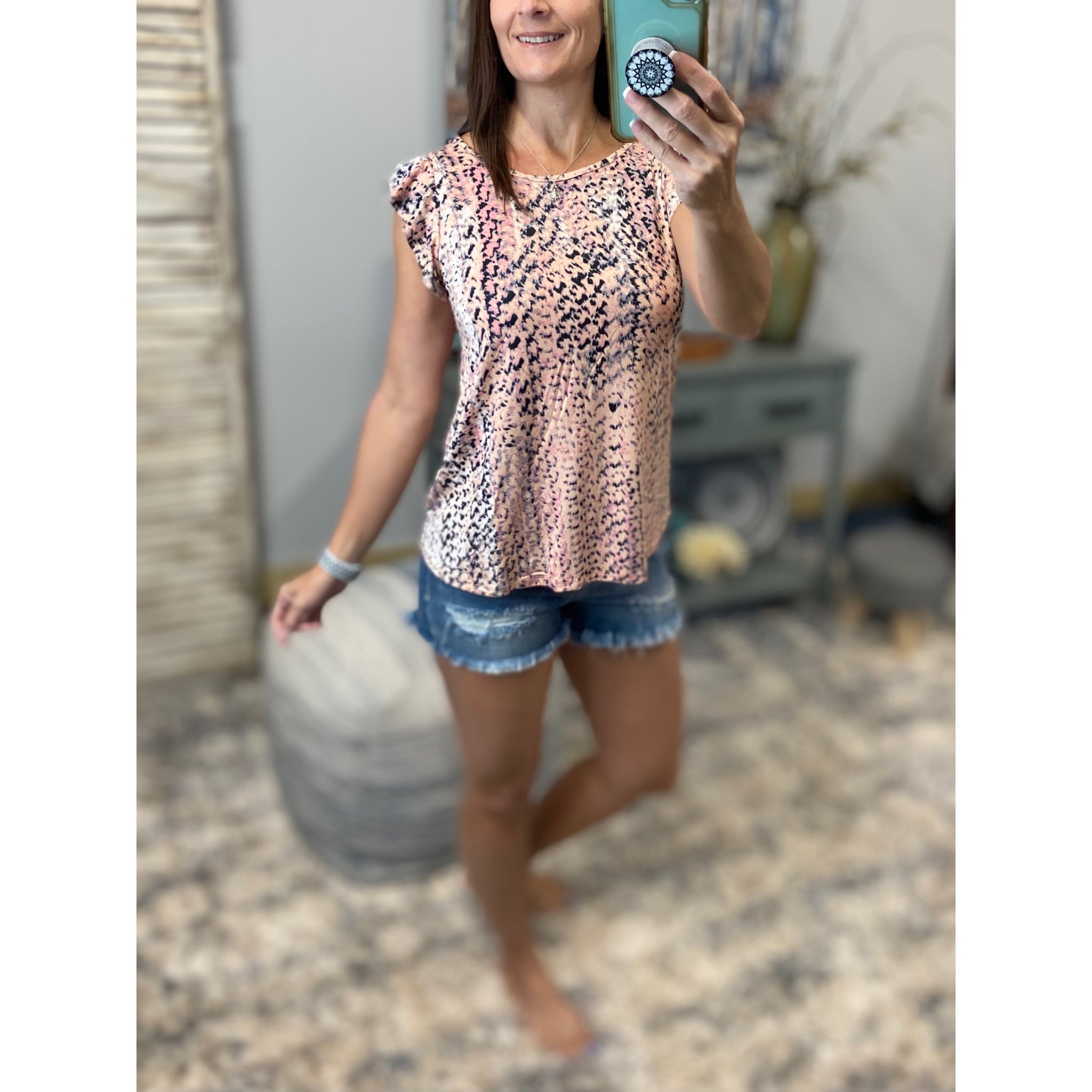 “I’ve Come a Long Way” Snake Print Short Flutter Sleeve Round Neck Top Pink Black S/M/L/XL