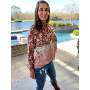 “Camo Is The New Black” Color Block Camouflage Drawstring Hoodie Banded Bottom Pink