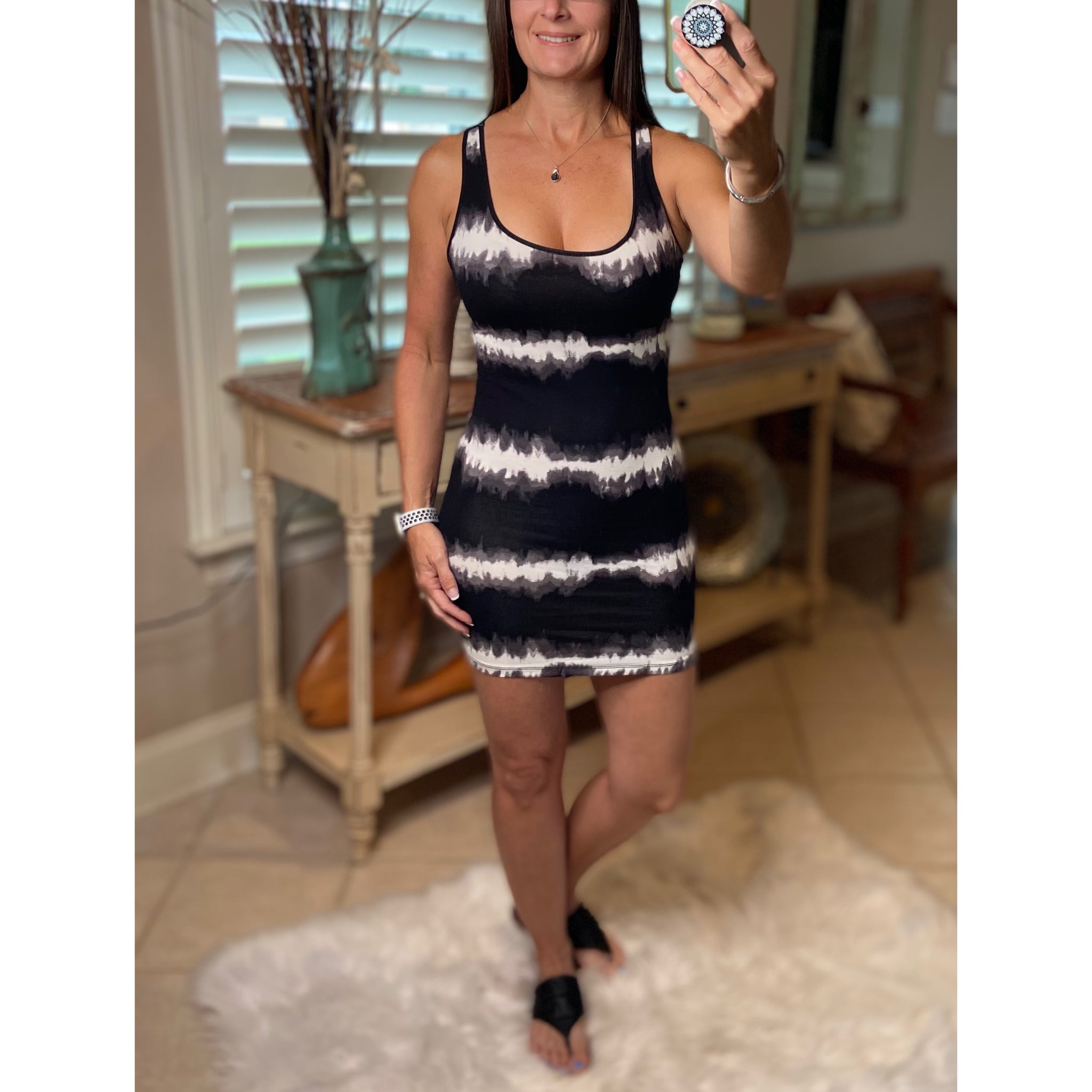 "Black Magic Woman" Striped Tie Dye Scoop Racerback Cleavage Bodycon Mini Summer Tank Dress Black S/M/L