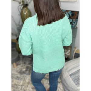 “Mint Julep” Chunky Waffle Knit Sweater Distressed Drop Shoulder Round Neck Split Side Long Sleeve Mint