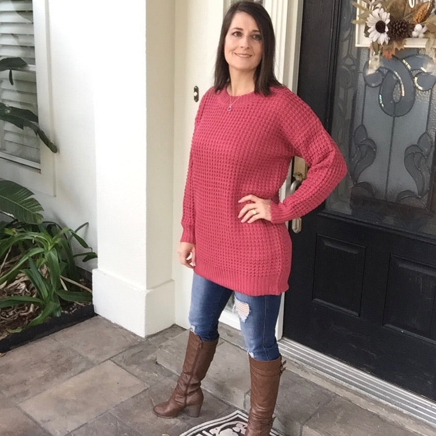 Oversized Sweater Waffle Round Neck Tunic Heavy Long Sleeve Top Cozy Twee Pink