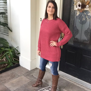 Oversized Sweater Waffle Round Neck Tunic Heavy Long Sleeve Top Cozy Twee Pink