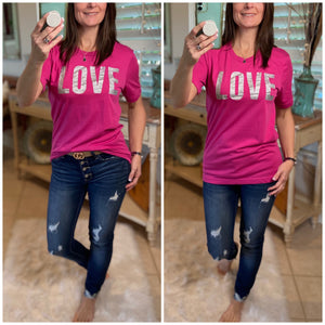 “All My Love” Silver Glitter Bling LOVE Boyfriend Baby Basic Tee Shirt Pink S/M/L/XL