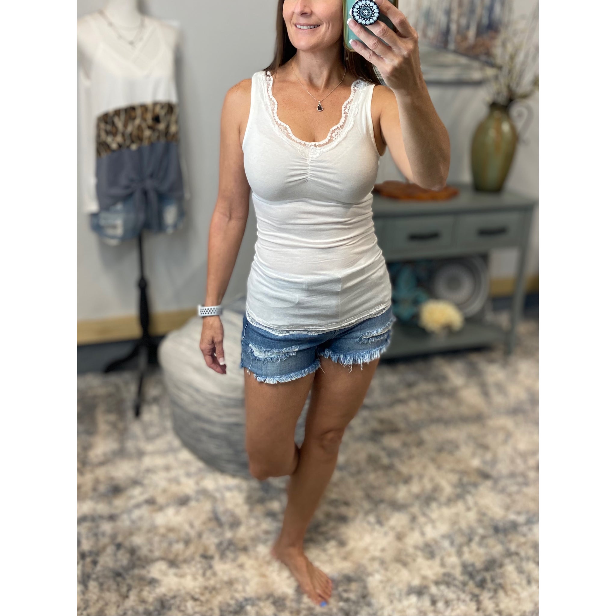 Very Sexy V-Neck Lace Stretch Low Cut Cleavage Dressy Slim Cami Top Cream S/M/L