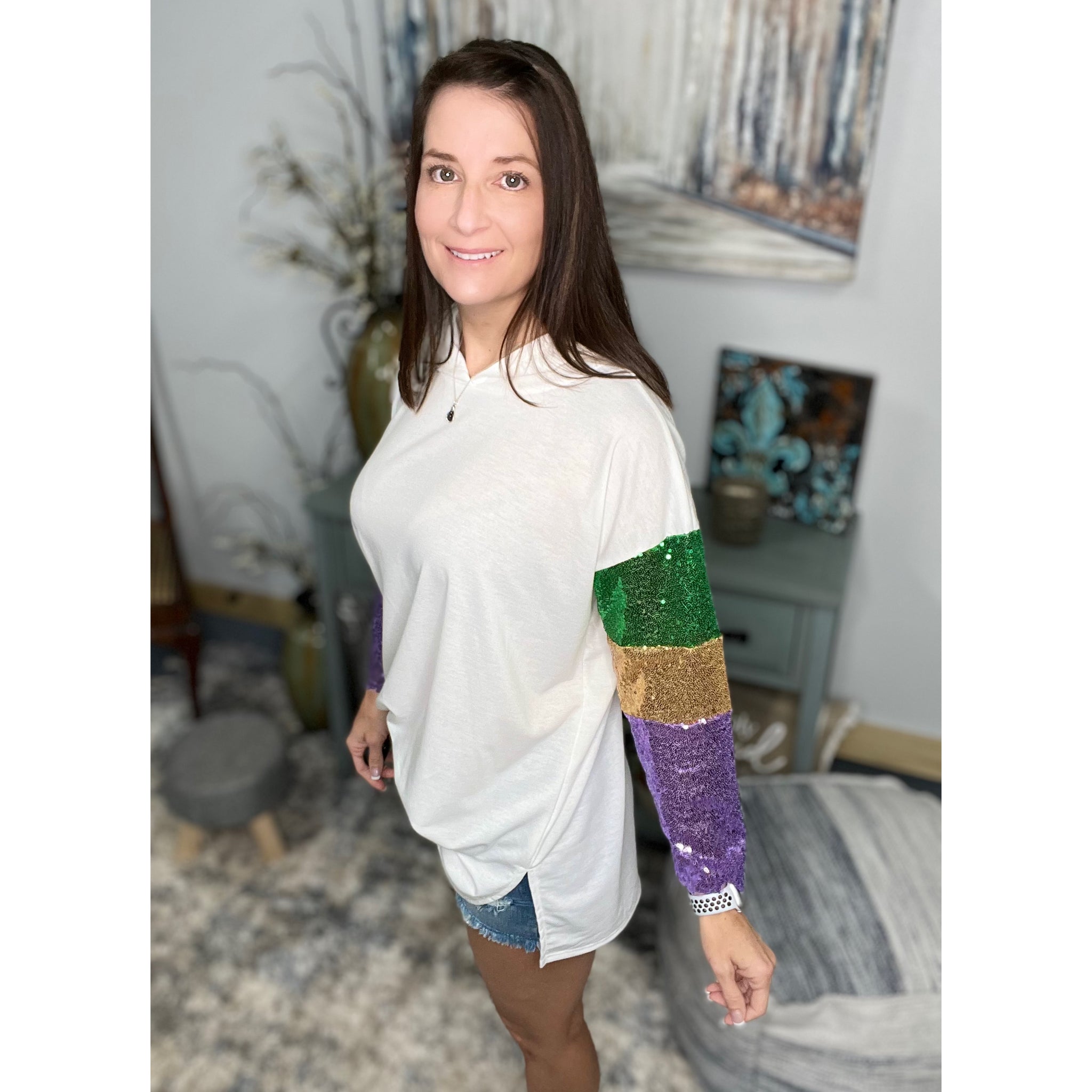 “Life of the Mardi” Mardi Gras Sequined Hoodie Shirt Parade Purple Green & Gold Ivory