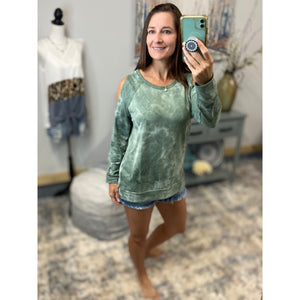 “Never Better” Tie Dye French Terry Cold Shoulder Long Sleeve Round Neck Split Side Top Green