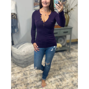 Long Sleeve Deep V Neck Plunge Cleavage Military Henley Pocket Top Purple