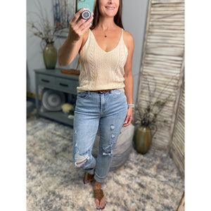 “Come As You Are” Sexy Low Double V-Neck Back Dressy Open Knit Sweater Tank Cream S/M/L/XL