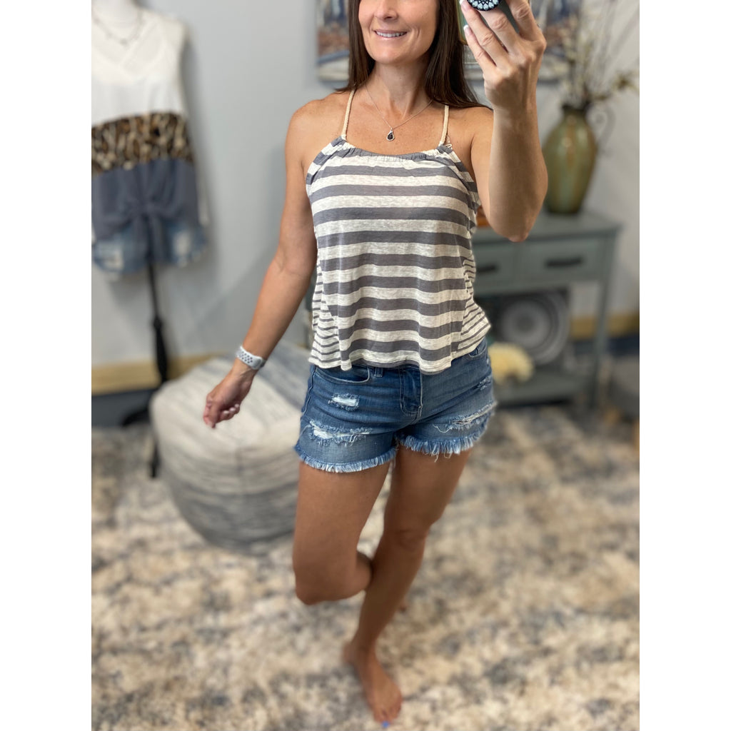 Sexy Linen Scoop Neck Contrast Striped Flair Rope Spaghetti Strap Tank Top Gray