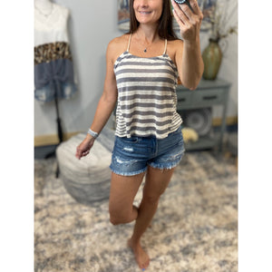 Sexy Linen Scoop Neck Contrast Striped Flair Rope Spaghetti Strap Tank Top Gray