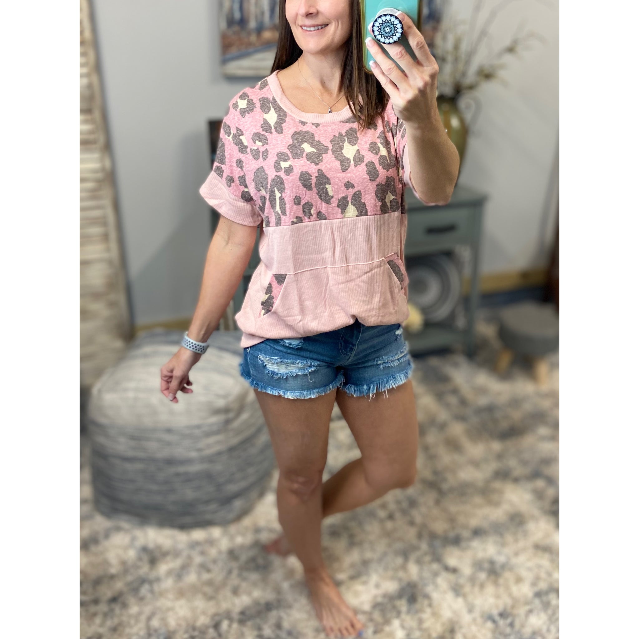"I'm Making Moves" Leopard Color Block Scoop Neck Ribbed Kangaroo Pocket Pink S/M/L/XL