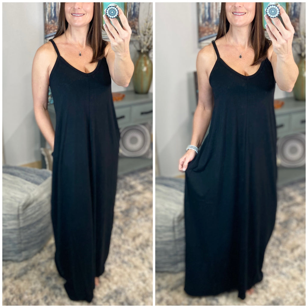 “Just A Little Bit Longer” V Neck Maxi Dress Pockets Adjustable Spaghetti Straps Summer Long Black