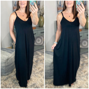 “Just A Little Bit Longer” V Neck Maxi Dress Pockets Adjustable Spaghetti Straps Summer Long Black