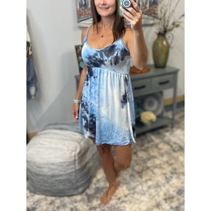 “Carefree Highway” Tie Dye Mini V-Neck Cami Tank Dress Adjustable Blue S/M/L