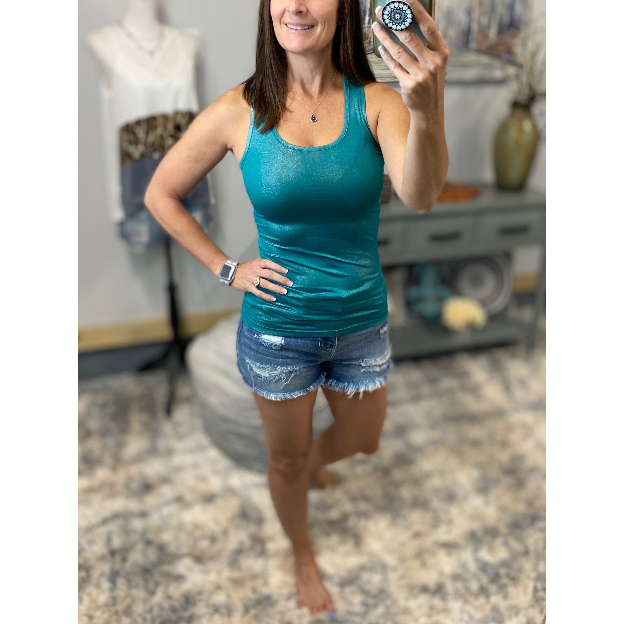 Very Sexy Low Scoop Neck Racerback Metallic Summer Tank Top Shirt Green S/M/L
