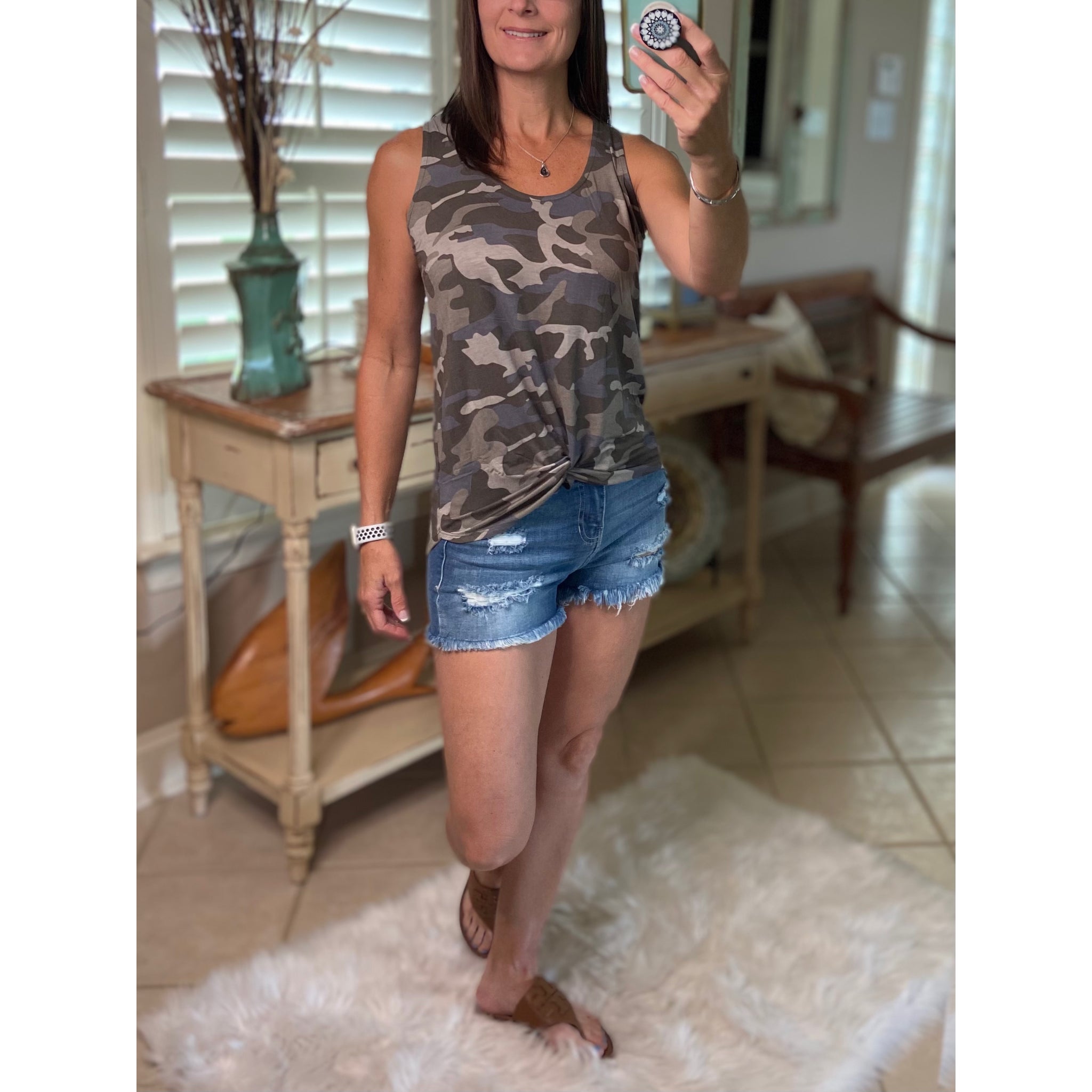 "Hot in Here" Very Sexy Camouflage Floaty Scoop Neck Summer Tank Top Army Green