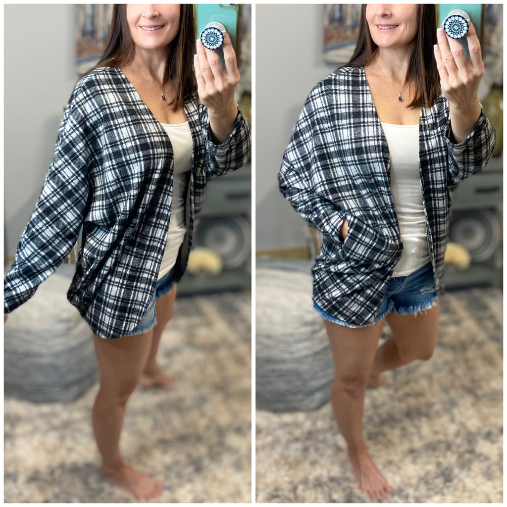 “Country Girl” Flannel Shacket Pocket Plaid Open Front Cardigan Round Hem