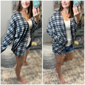 “Country Girl” Flannel Shacket Pocket Plaid Open Front Cardigan Round Hem