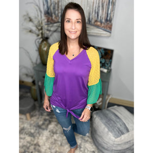 "Beads or Bust" Mardi Gras Color Block Swiss Dot Flutter Bell Sleeves V Neck Tie Bottom Shirt Purple Green & Gold