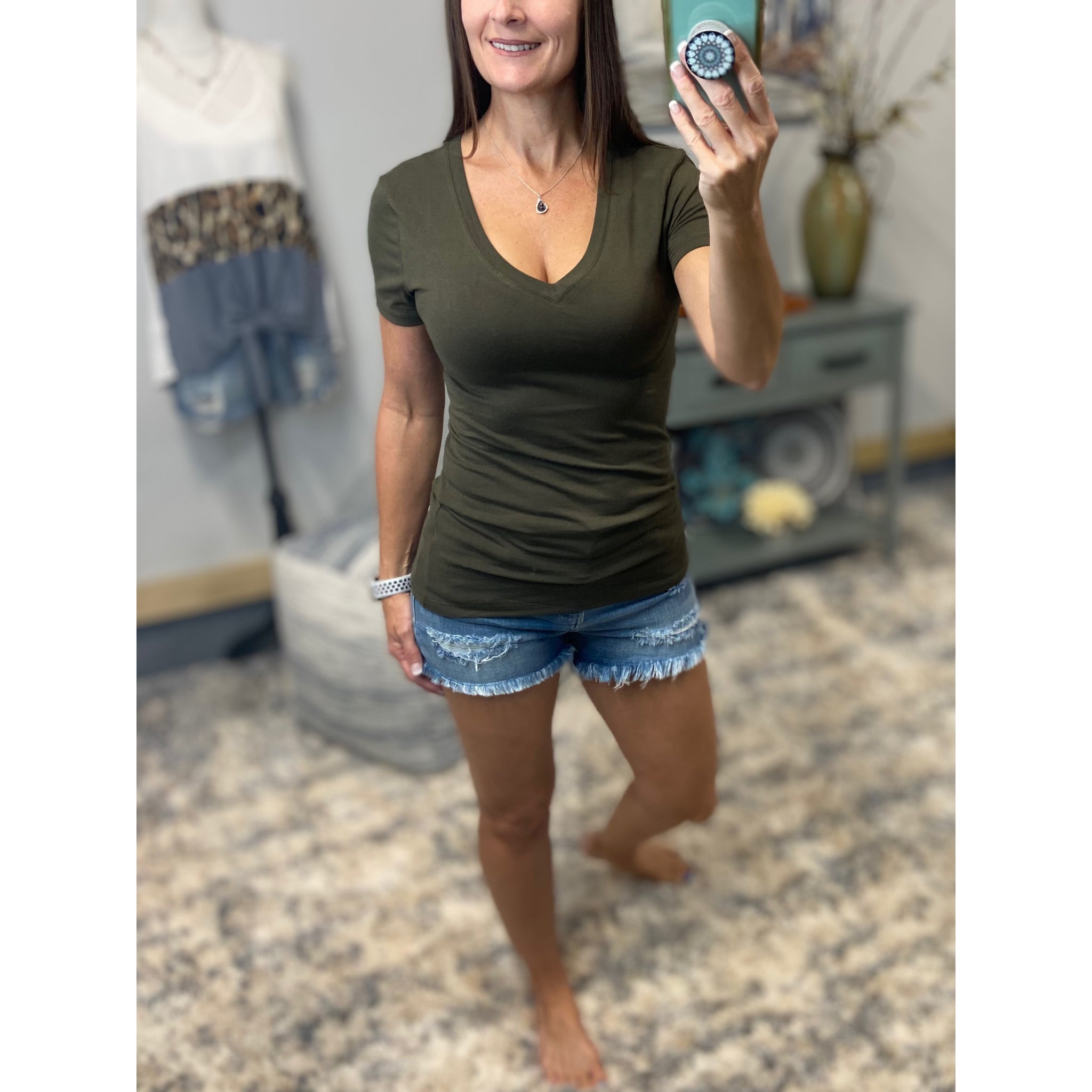 “Basic Babe” Low Cut V-Neck Cleavage Baby Slimming Basic Tee Shirt Dk Olive S/M/L/XL