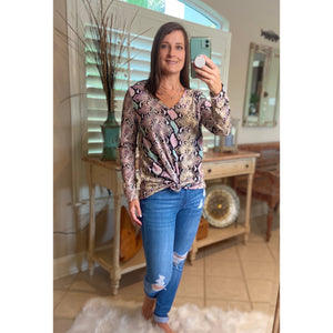 “Night Out With the Girls” Snakeskin Print Deep V Neck Long Sleeve Pink Multi