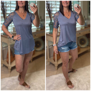 "All About The Lace" Lace Short Sleeve V-Neck Rounded Bottom Dressy Blue S/M/L/XL