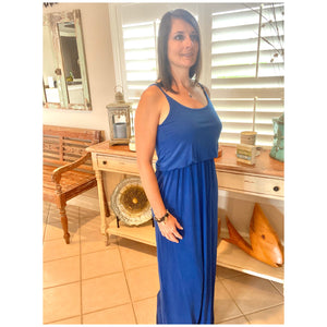 Sexy Scoop Neck Cami Tank Maxi Long Tube Pocket Adjustable Dress Blue