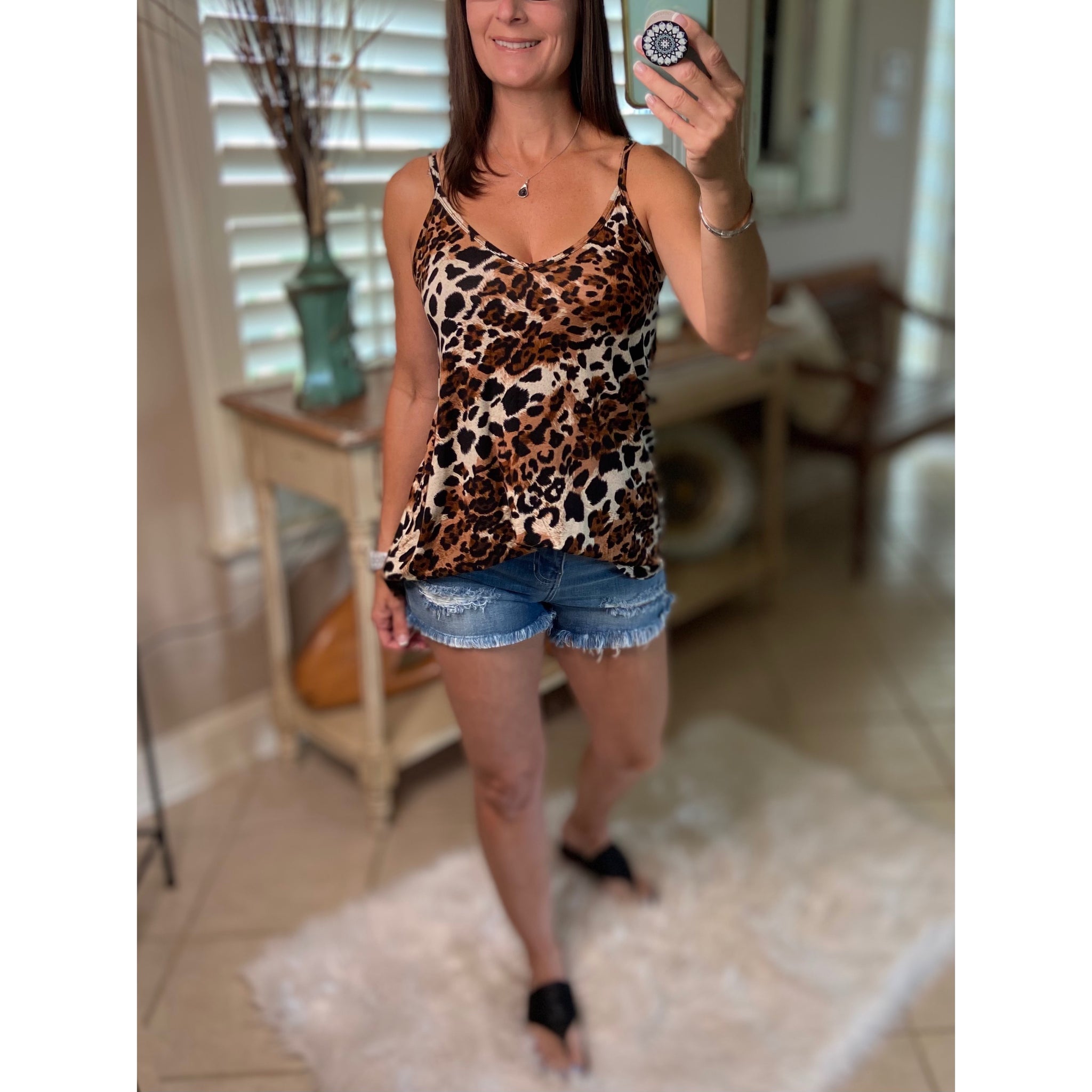 “Heat Wave” Reversible Leopard Low Scoop Or V Neck Spaghetti Strap Tank Top Brown