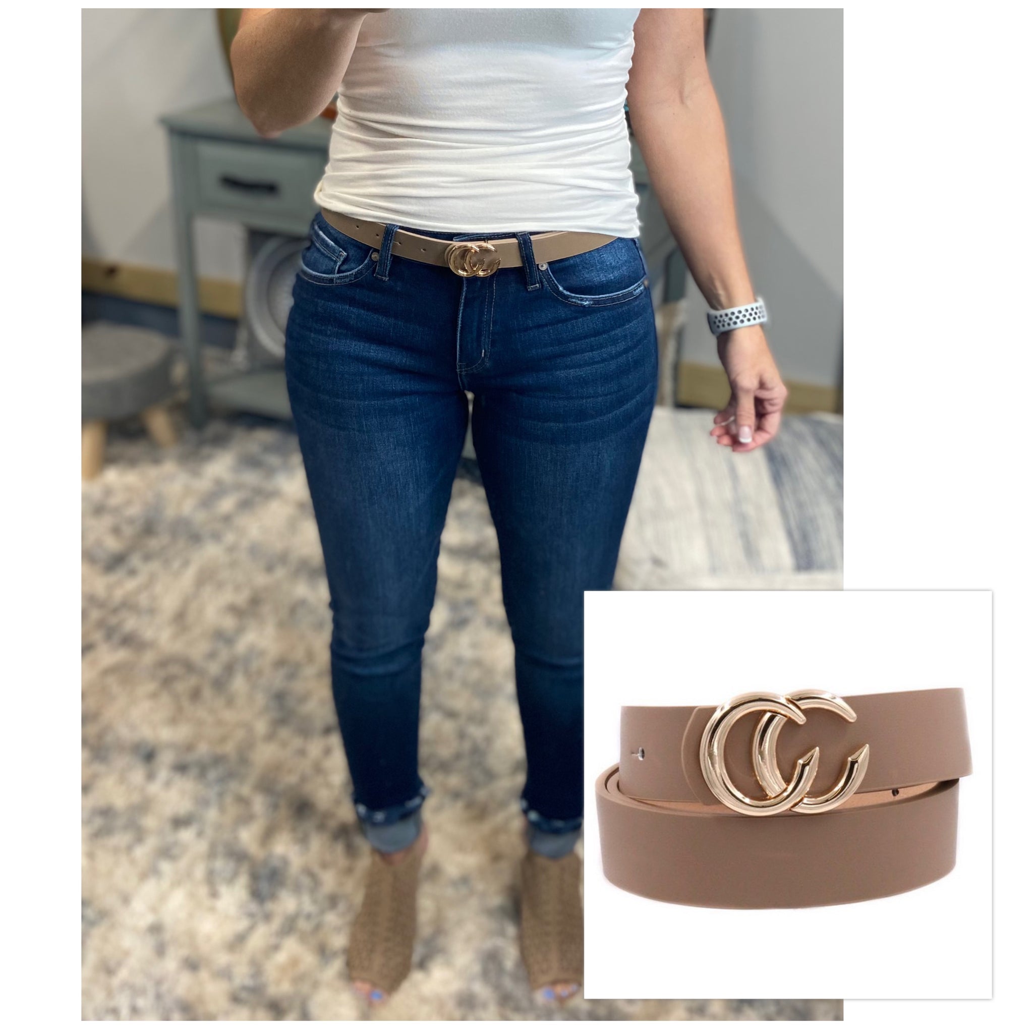 Double C Metal Buckle Faux Leather Belt Taupe Gold