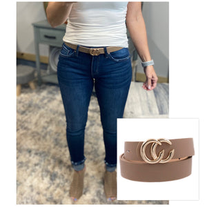 Double C Metal Buckle Faux Leather Belt Taupe Gold