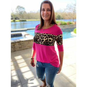 "Never Say Never" Leopard Animal Print Color Block Scoop Neck 3/4 Sleeve Hot Pink
