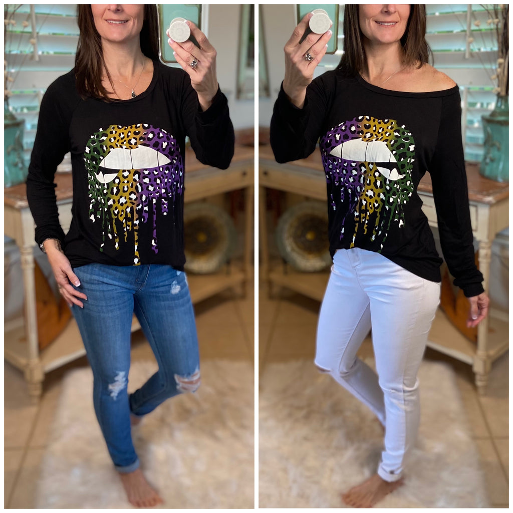 “Throw Me Something Mister” Mardi Gras Lips Wide Neck Off Shoulder Purple Green & Gold