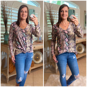 “Night Out With the Girls” Snakeskin Print Deep V Neck Long Sleeve Pink Multi