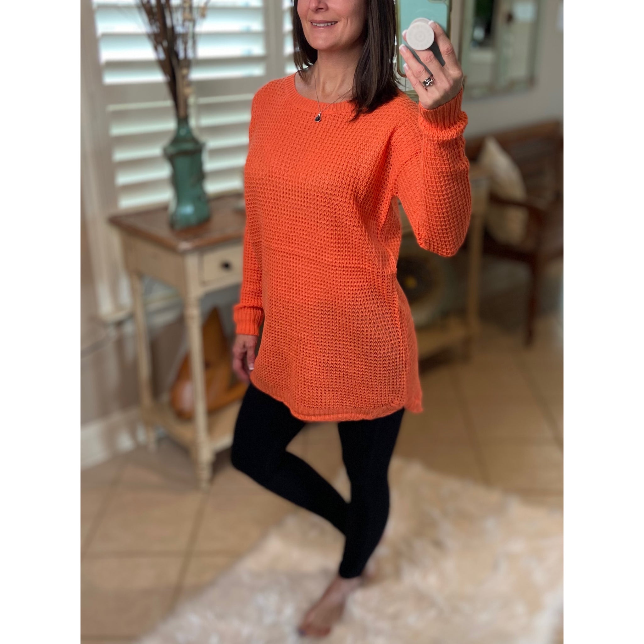 “Undone” Waffle Hi-Low Rounded Hem Long Sleeve Round Neck Tunic Sweater Coral