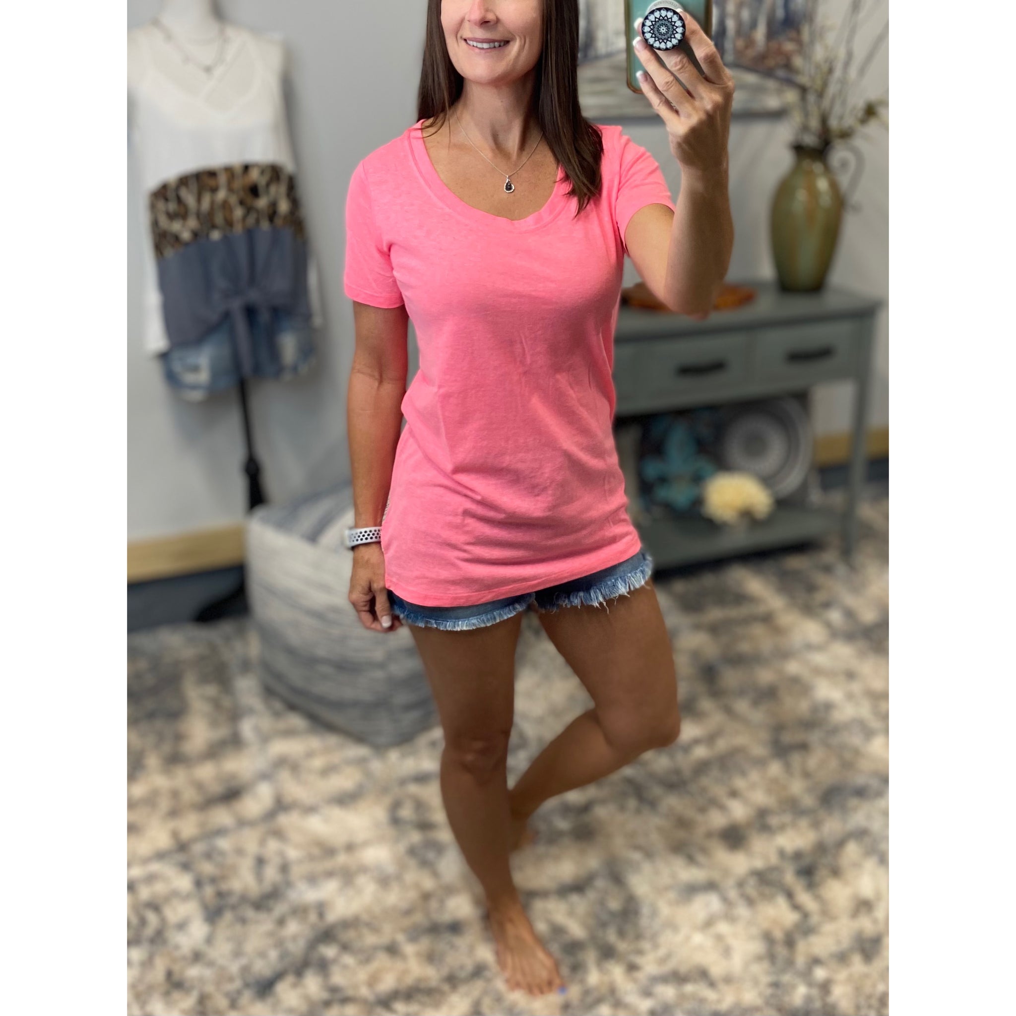"Neon Rainbow" Loose Floaty Scoop Neck Boyfriend Tee Shirt Melange Neon Pink S/M/L