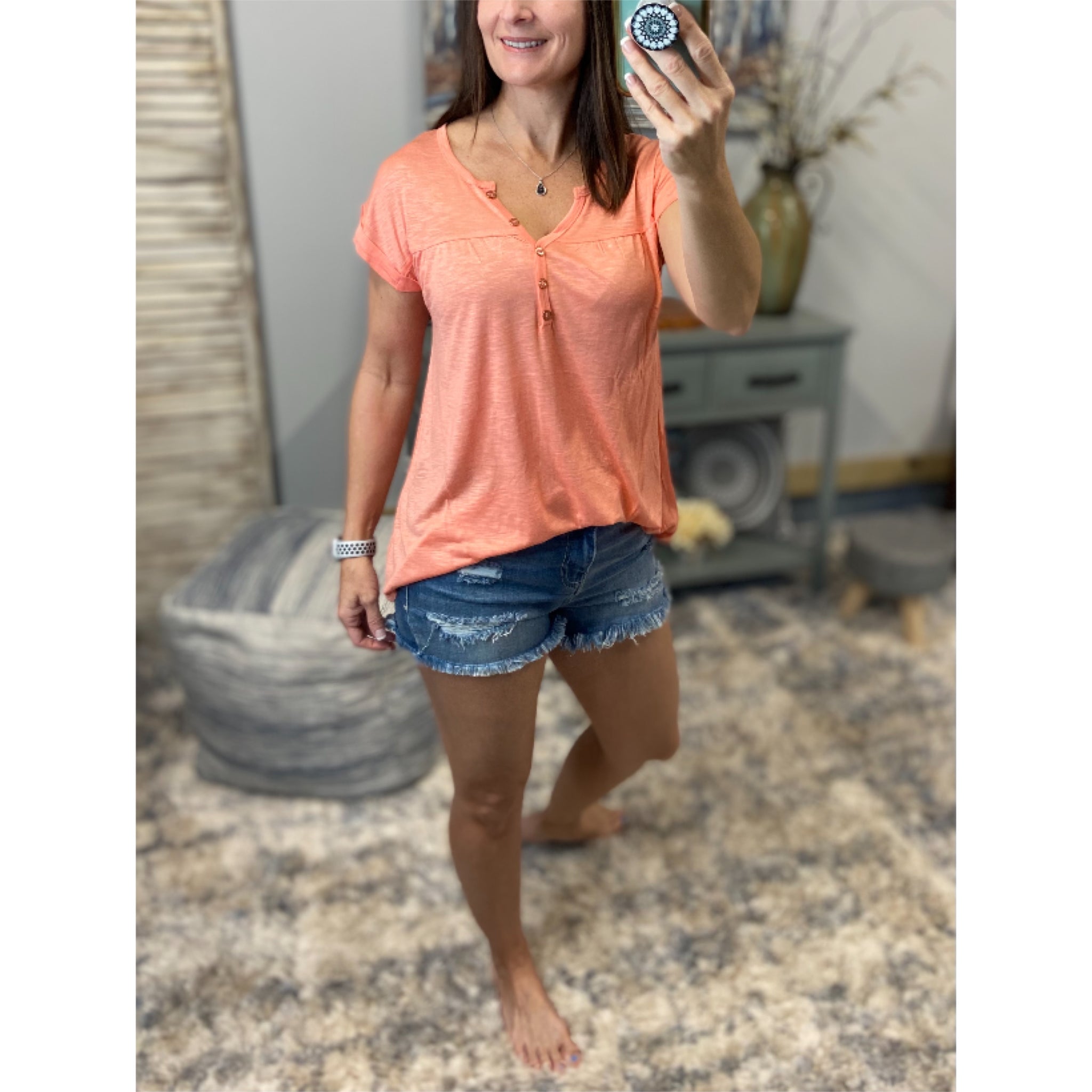 “Just Be You” Sheer Burnout Melange Tissue V-Neck Henley Tab Sleeve Shirt Floaty Tee Peach