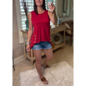 "Adore You" Round Neck Floaty Tunic Sleeveless Tank Wood Button Detail Dk Red